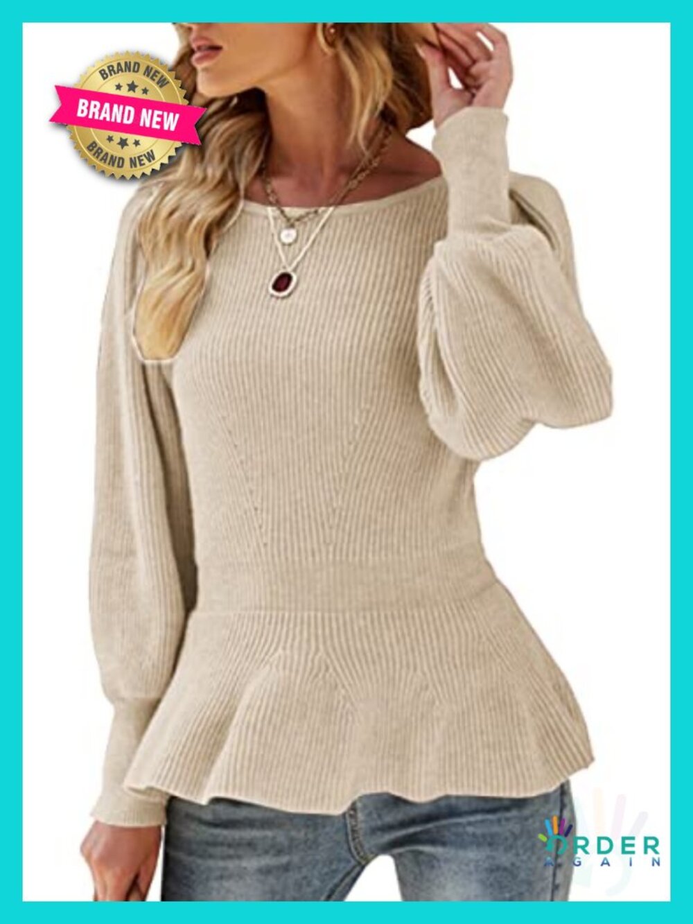 Viscose Blend Rib Knit Puff Sleeve Peplum Sweater Top
